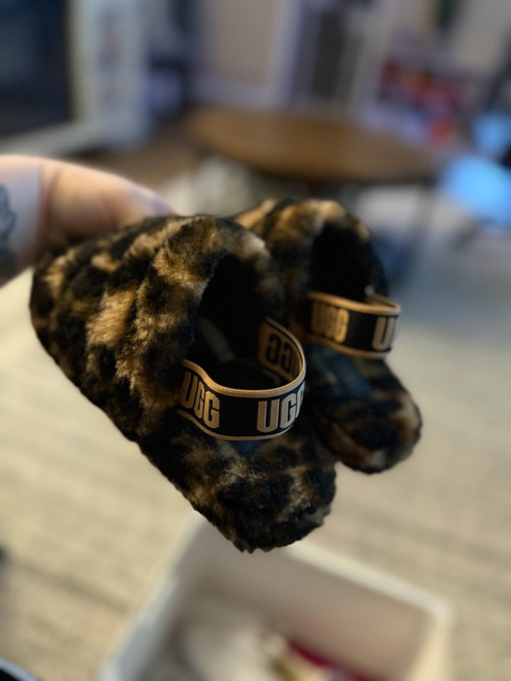 UGG Leopard Print Fluff Slides in Brown and Black